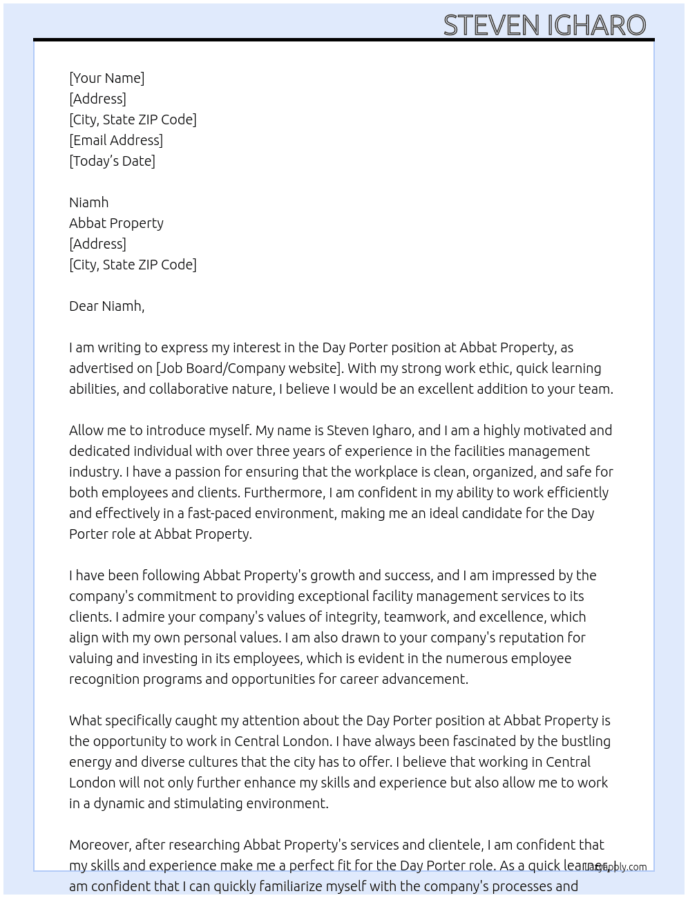 Day porter  At Abbat property  Cover Letter