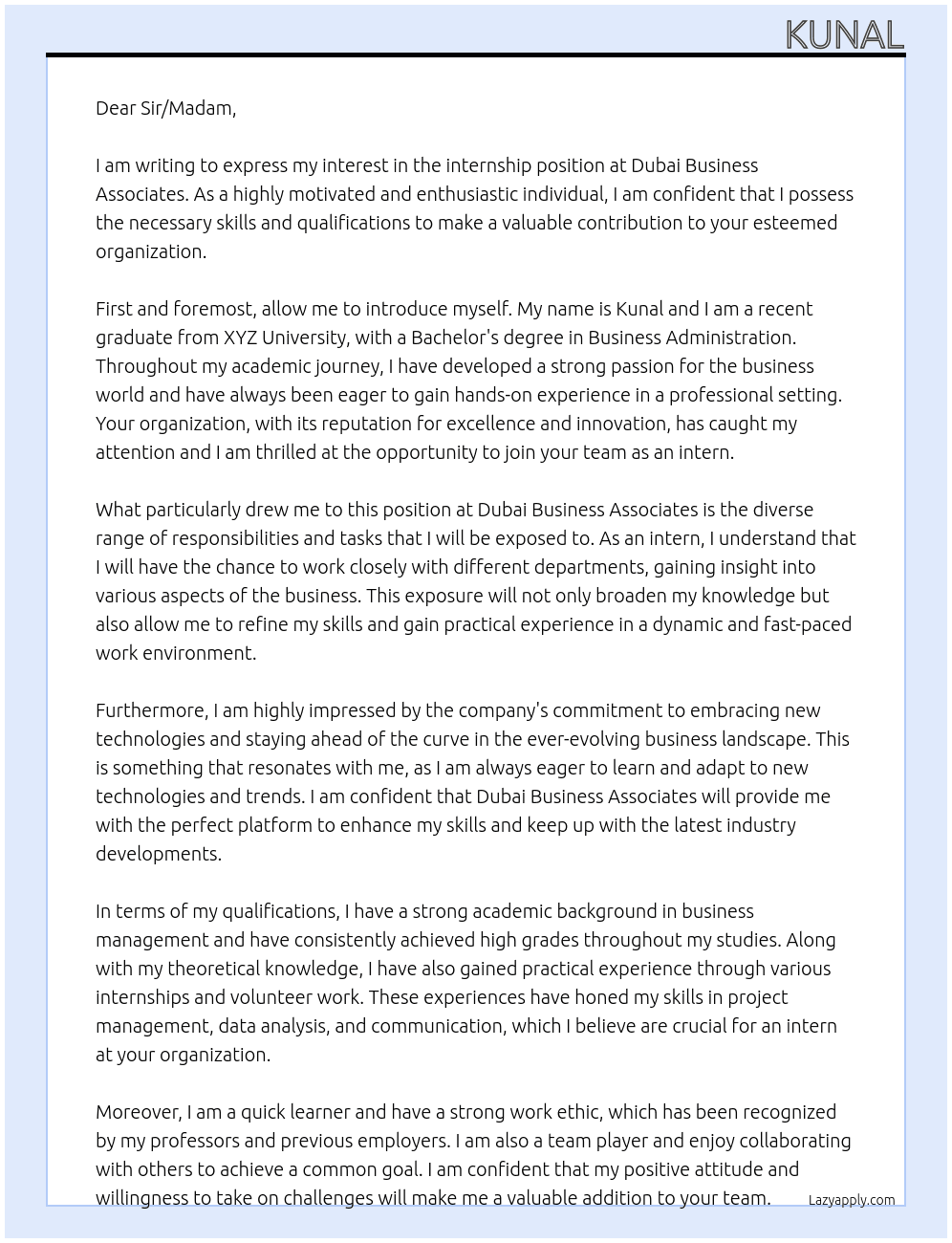 Internship At Dubai bussiness associates Cover Letter