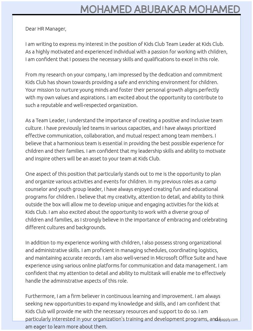 Kids Club Team Leader At Kids Club Cover Letter