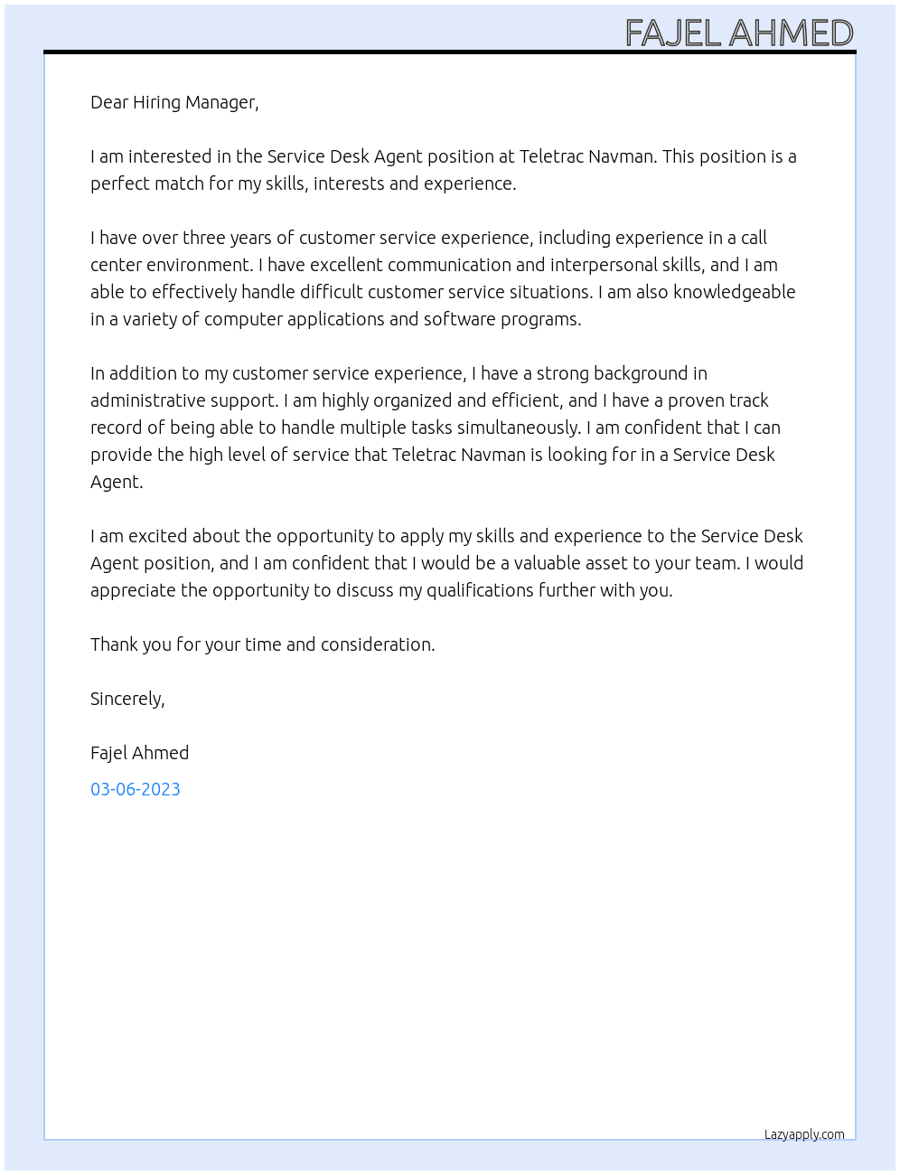 Service Desk Agent At Teletrac Navman Cover Letter