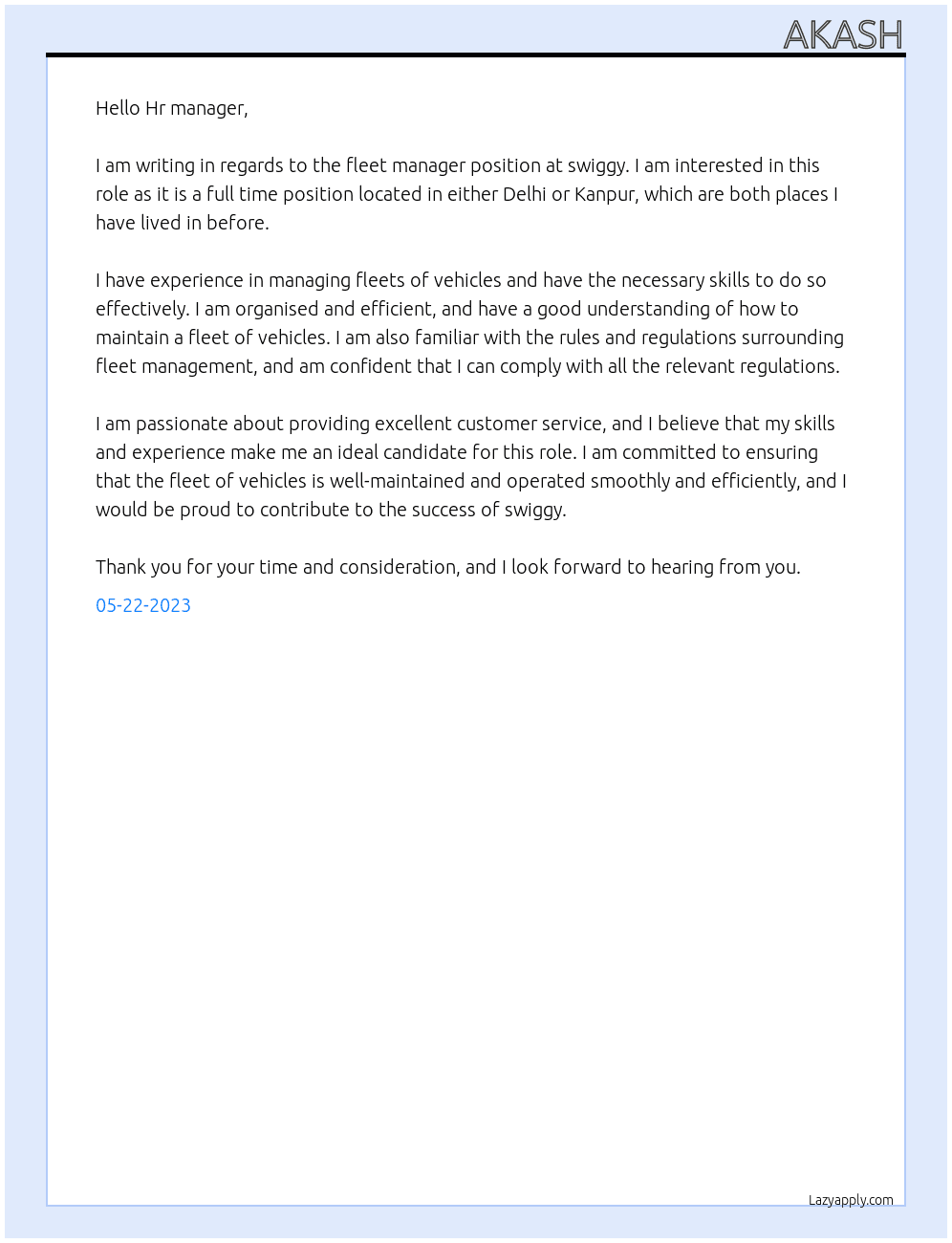 fleet manager At swiggy Cover Letter