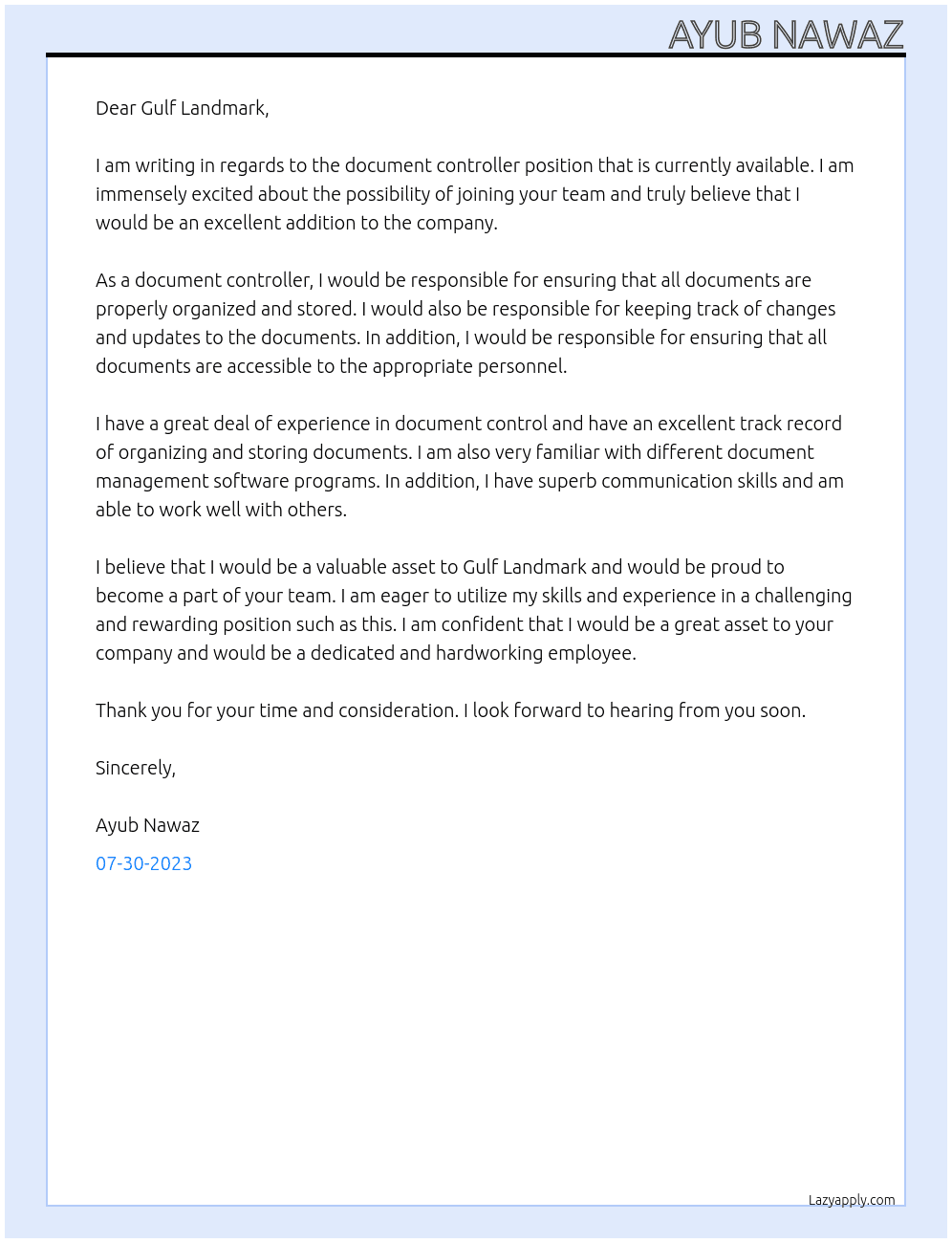 Dacument conterller At Gulf Landmark Cover Letter