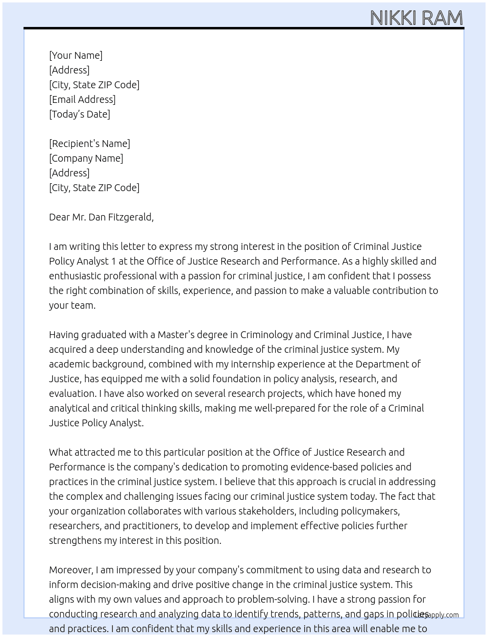 Criminal Justice Policy Analyst 1 At Office of Justice Research and Performance Cover Letter