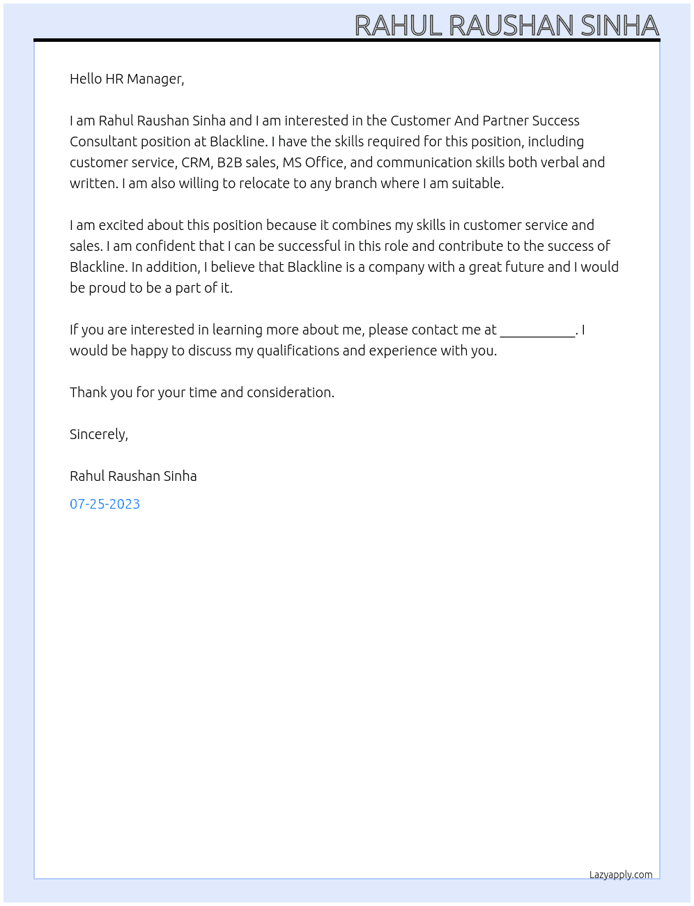 Customer And Partner Success Consultant At Blackline Cover Letter