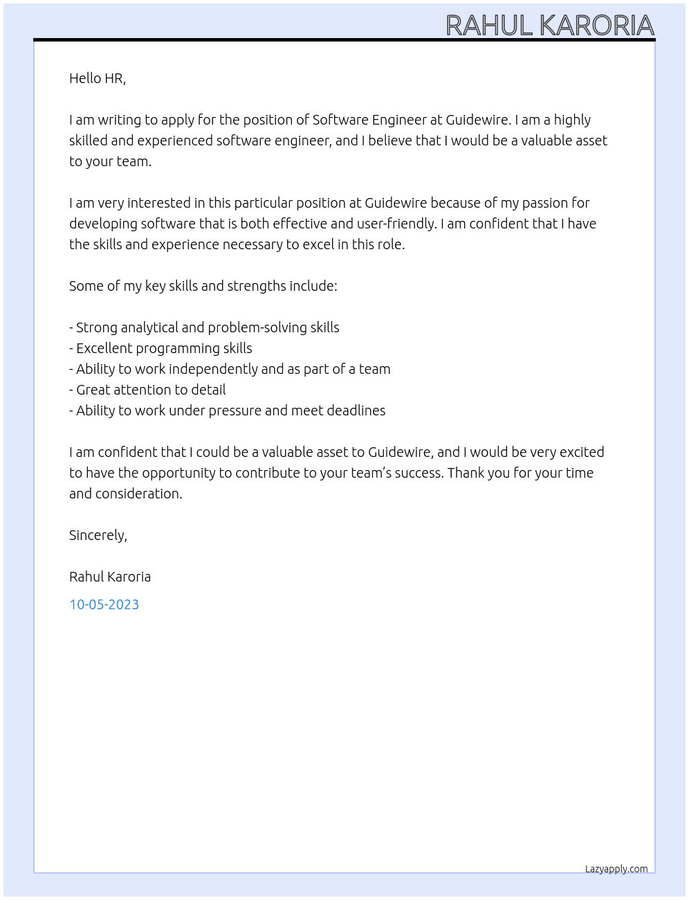 Software Engineer At Guidewire Cover Letter