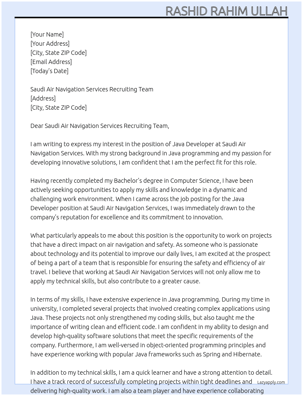 java developer At Saudi Air Navigation Services Recruiting Team Cover Letter