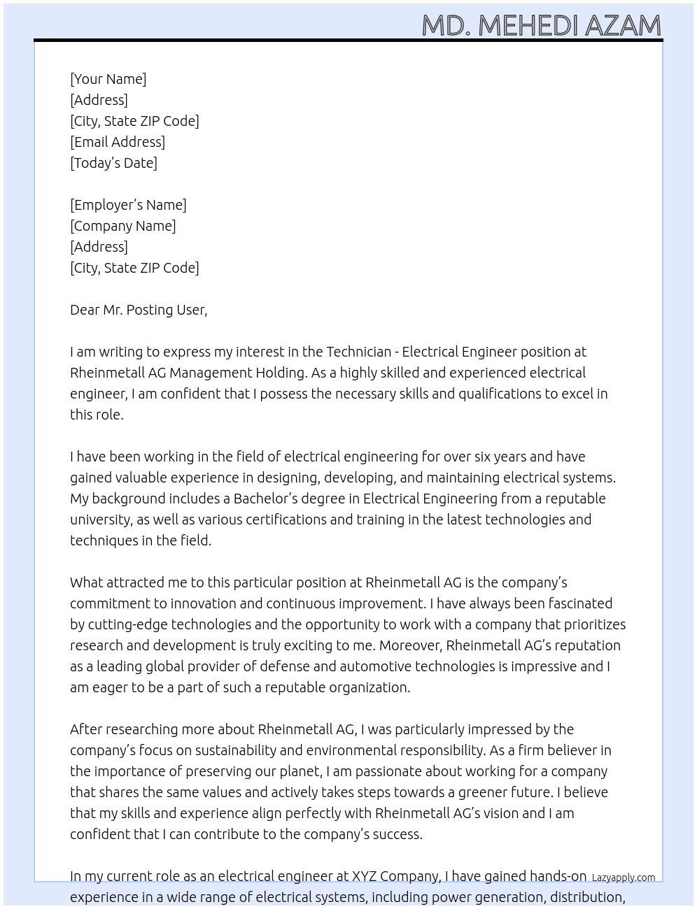 Technician - Electrical Engineer At Rheinmetall AG Management Holding Cover Letter