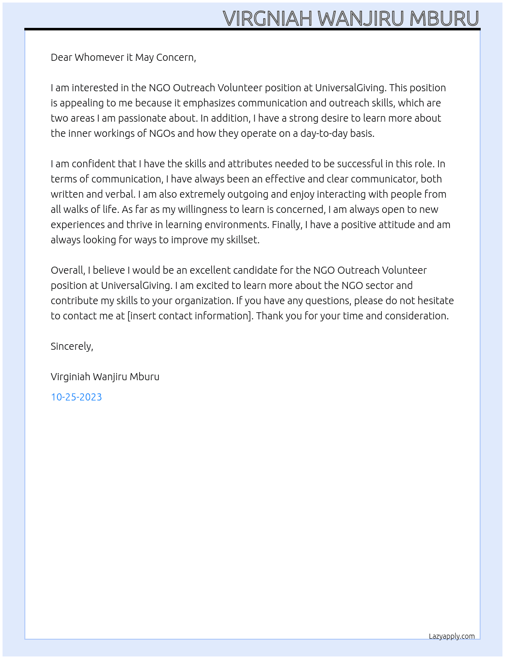 NGO Outreach Volunteer At UniversalGiving Cover Letter