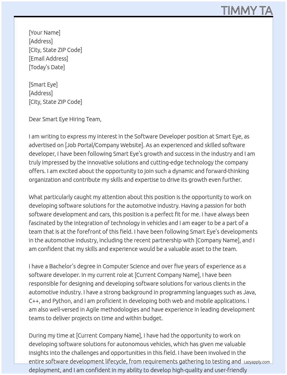 Software Developer At Smart Eye Cover Letter