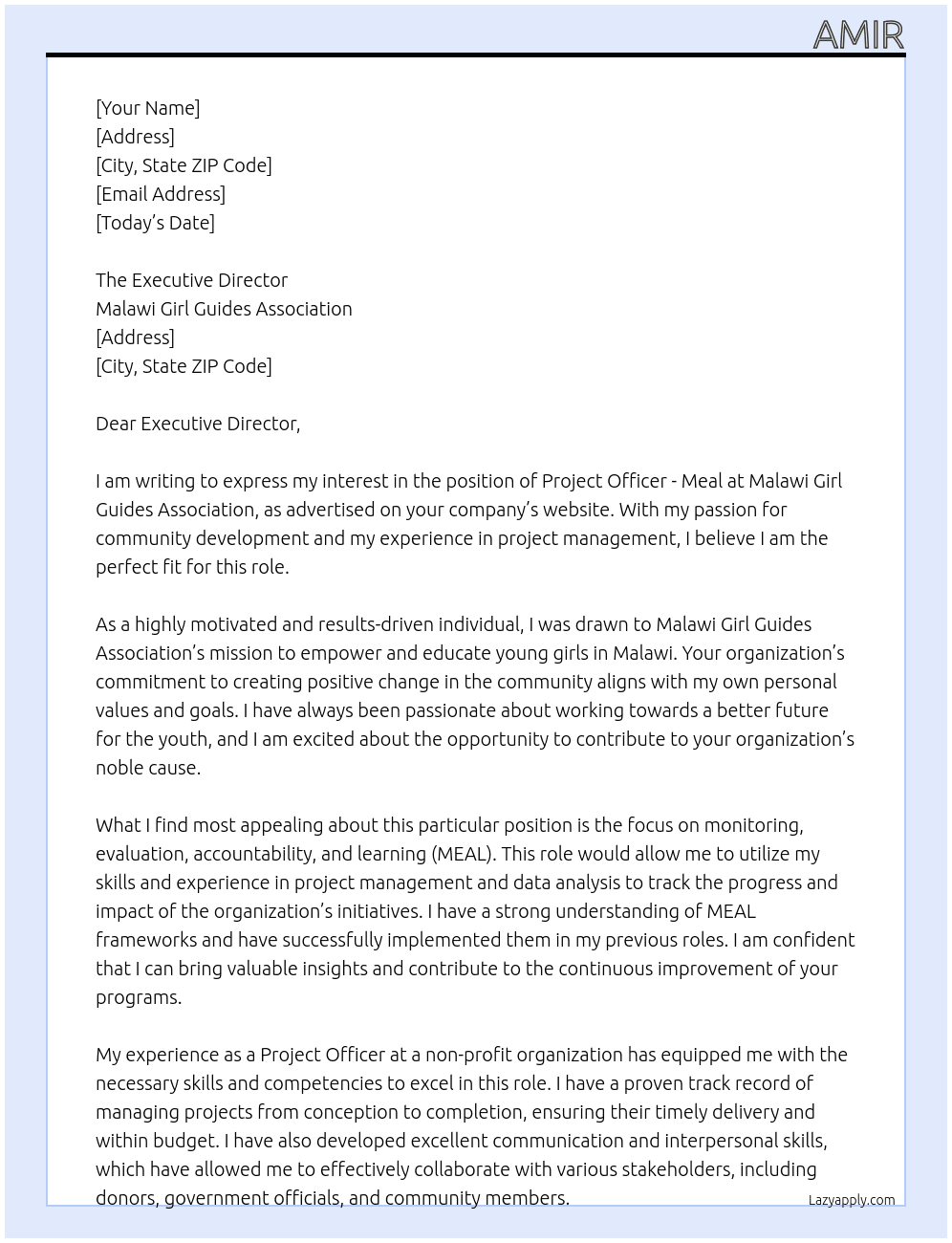 Project officer - Meal At Malawi Girl guides association  Cover Letter