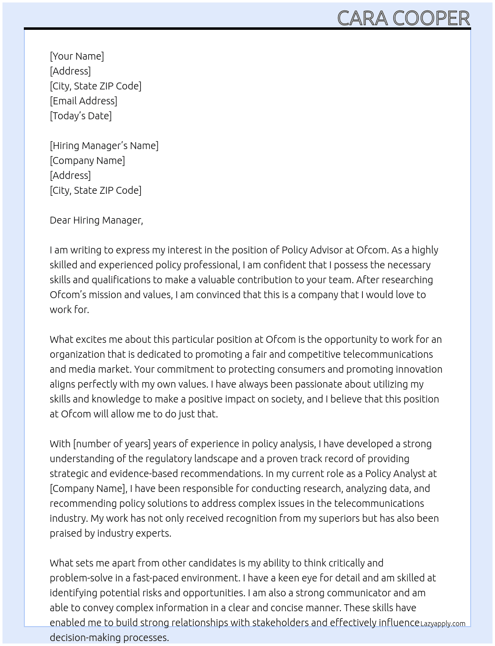 Policy advisor At Ofcom Cover Letter
