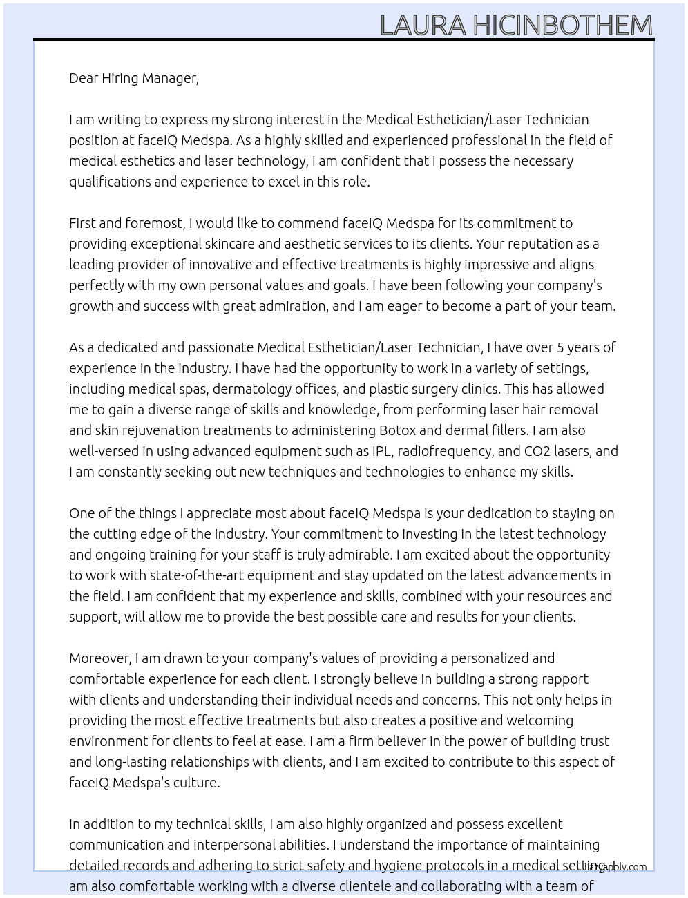 Medical Esthetician/Laser Technician At faceIQ Medspa Cover Letter