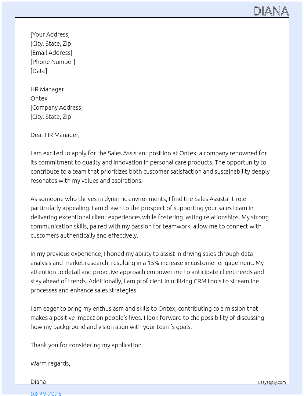 Sales assistant  At Ontex  Cover Letter