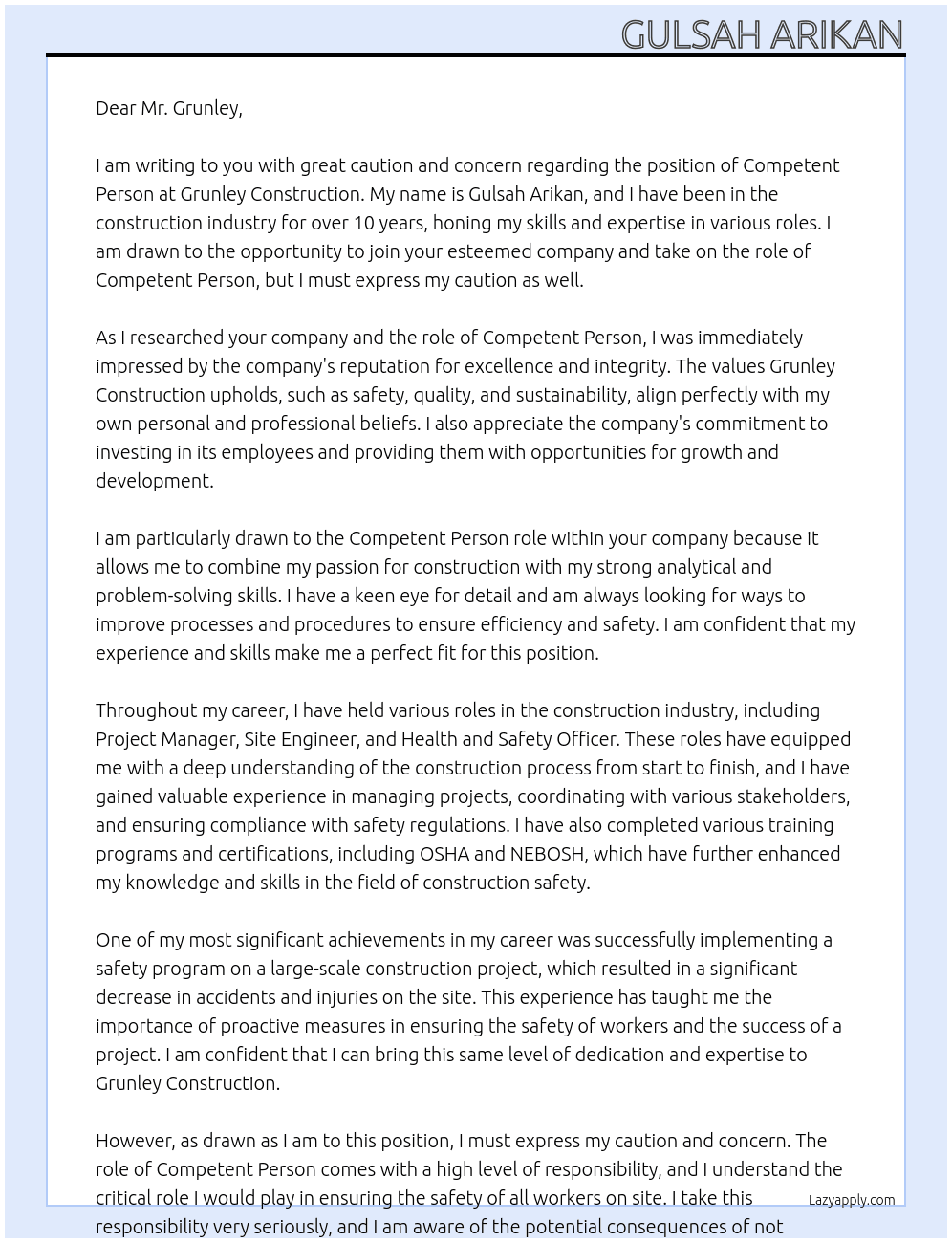 Competent Person At Grunley Construction Cover Letter