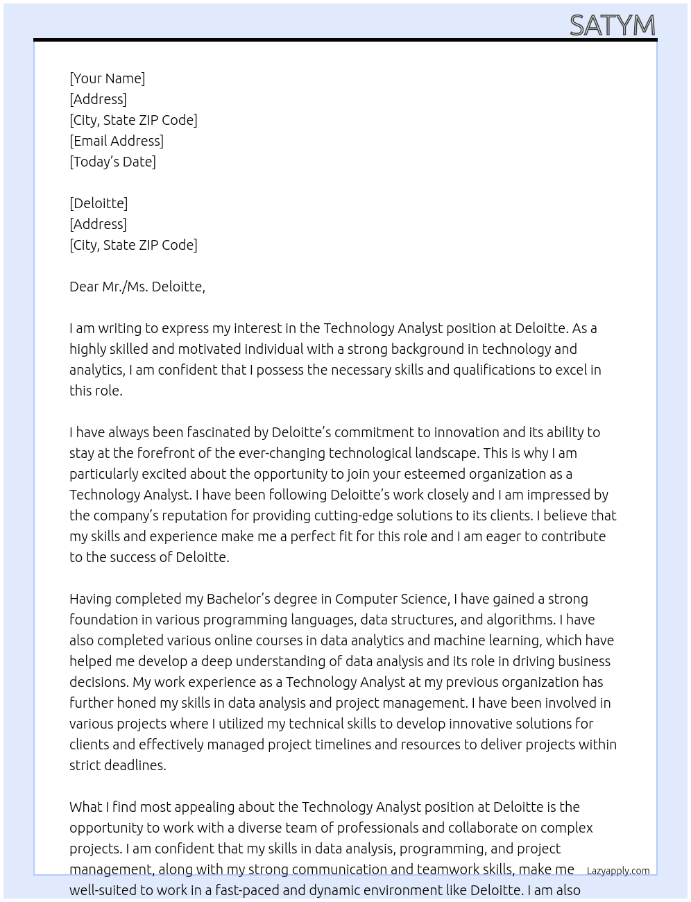 Cover letter for technology analyst - LazyApply