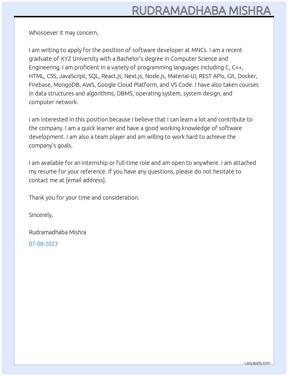Software developer  At MNCs  Cover Letter