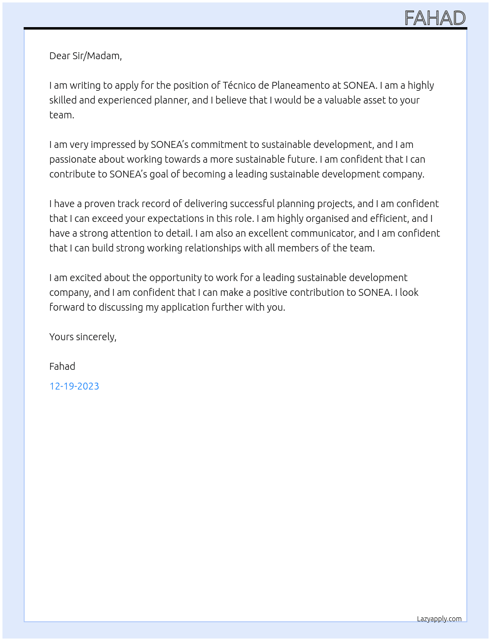 Técnico de Planeamento At SONEA Cover Letter