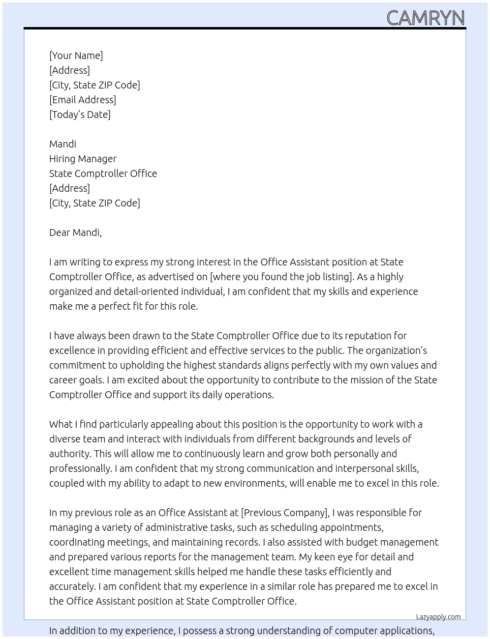 Office assistant  At State Comptroller Office Cover Letter