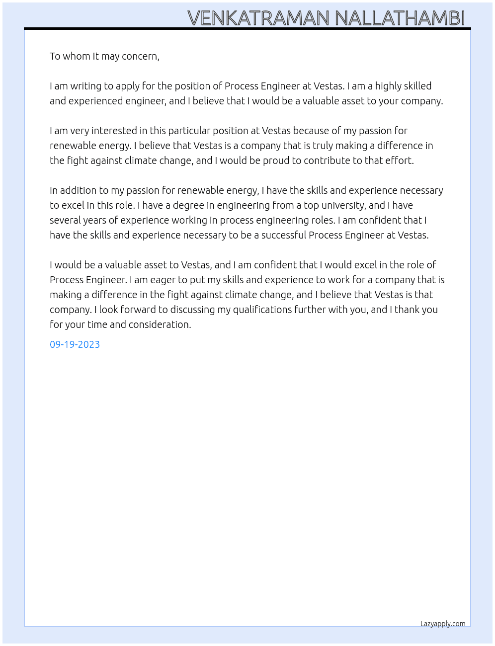 Process Engineer  At Vestas Cover Letter