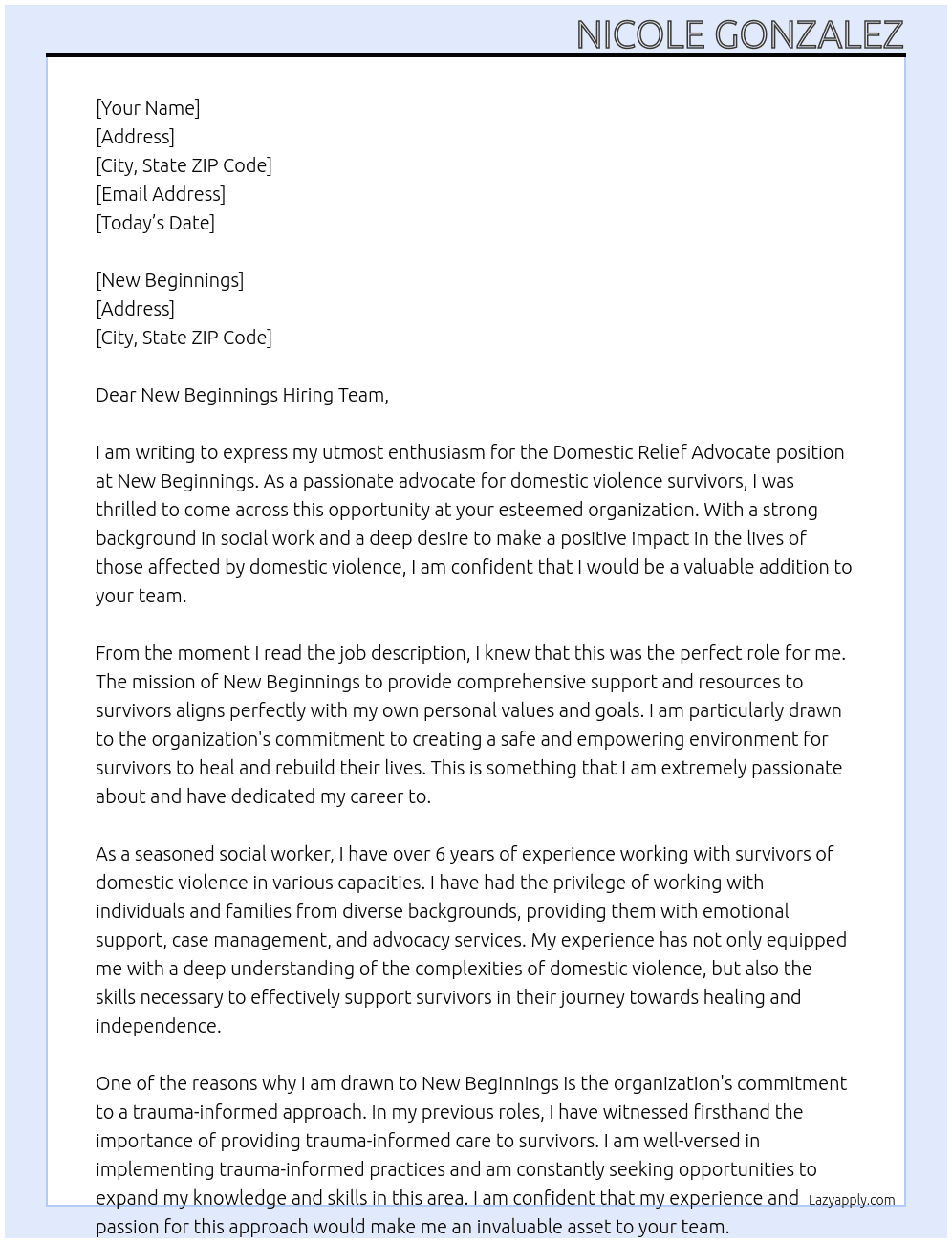 domstic relief advocate At New Beginnings  Cover Letter