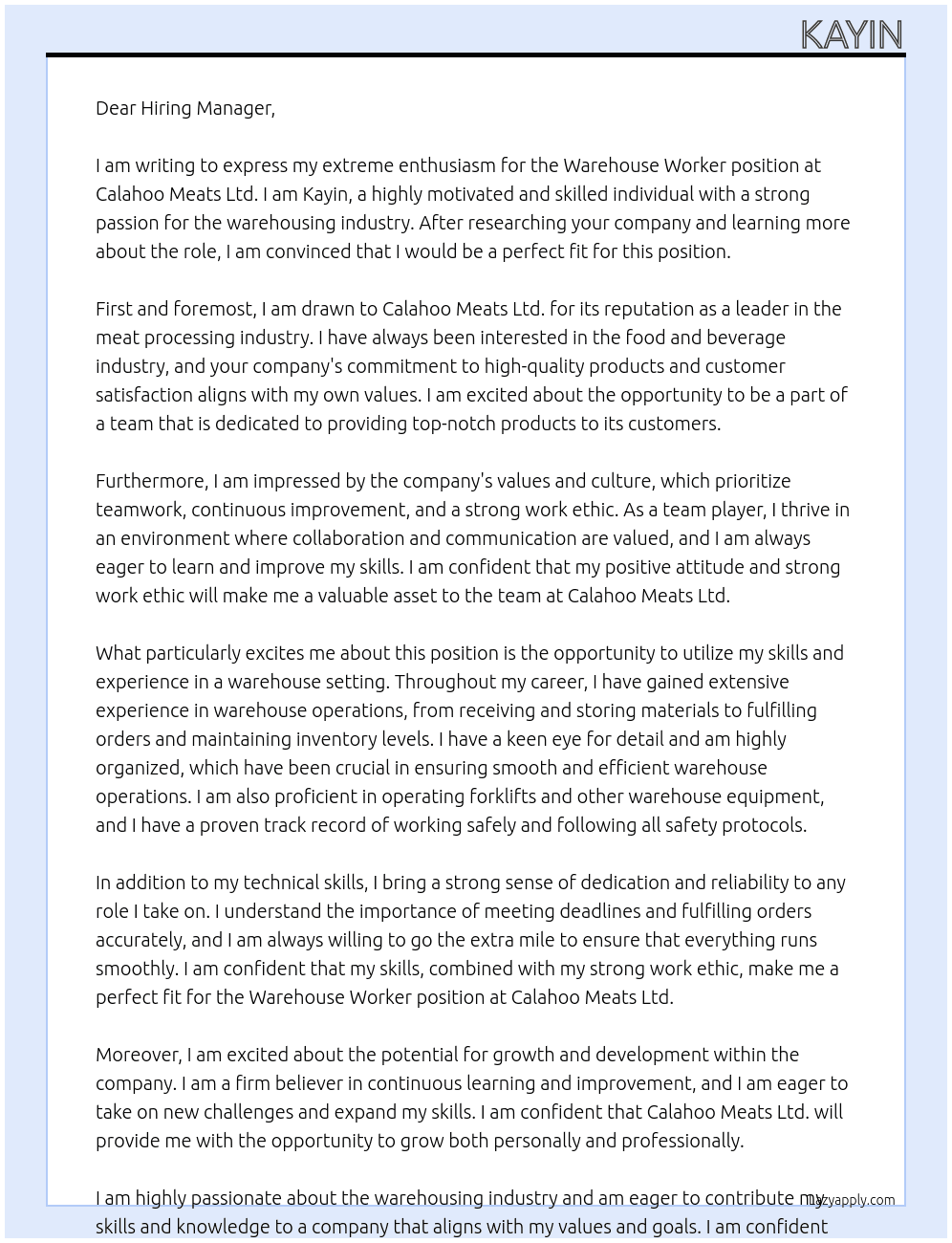 Warehouse Worker At Calahoo Meats Ltd. Cover Letter