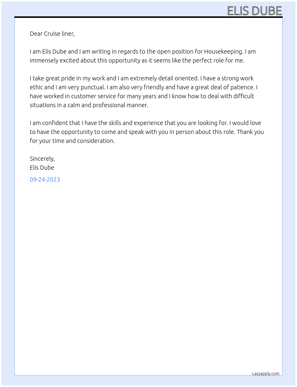 Housekeeping  At Cruise liner  Cover Letter