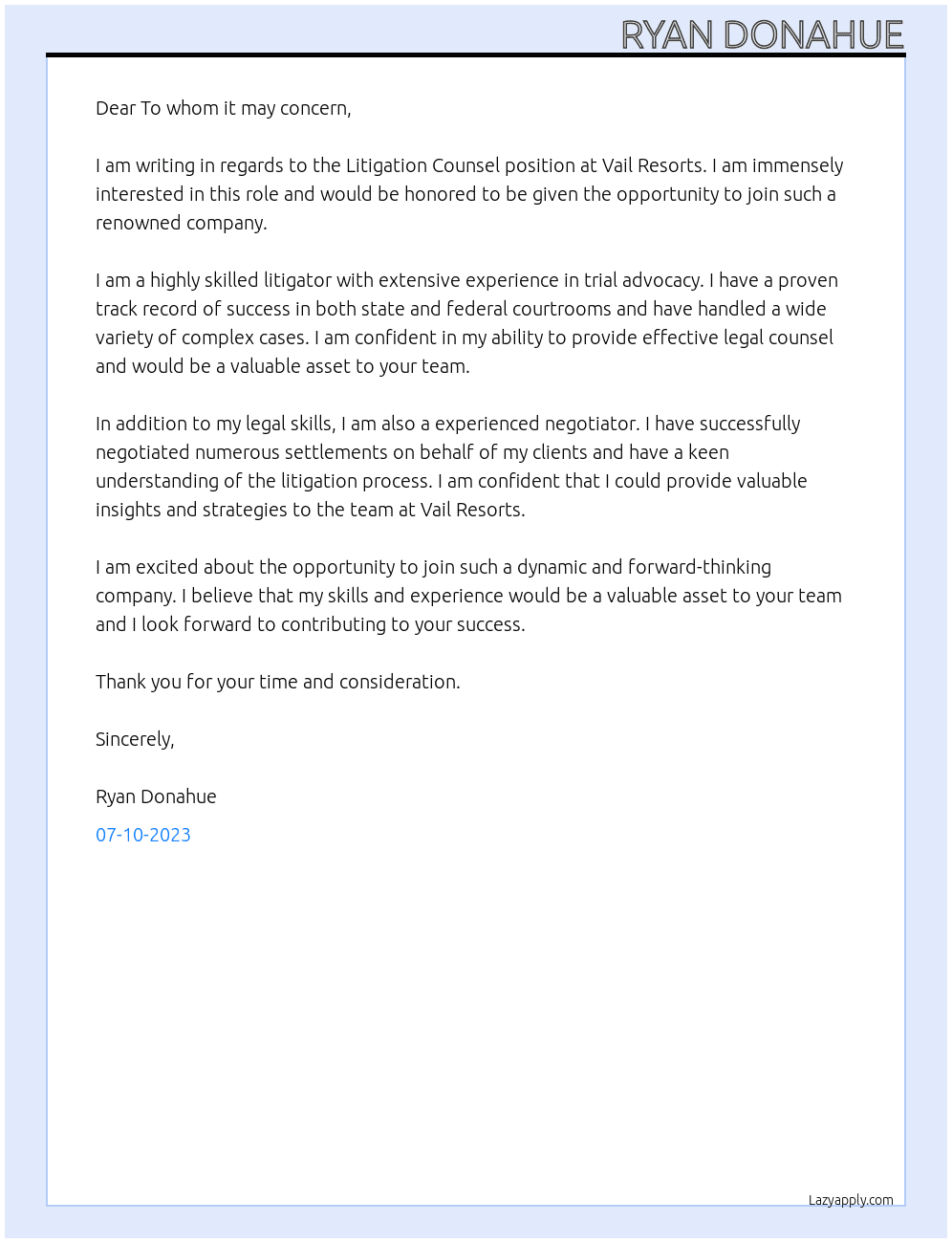 Litigation Counsel At Vail Resorts  Cover Letter