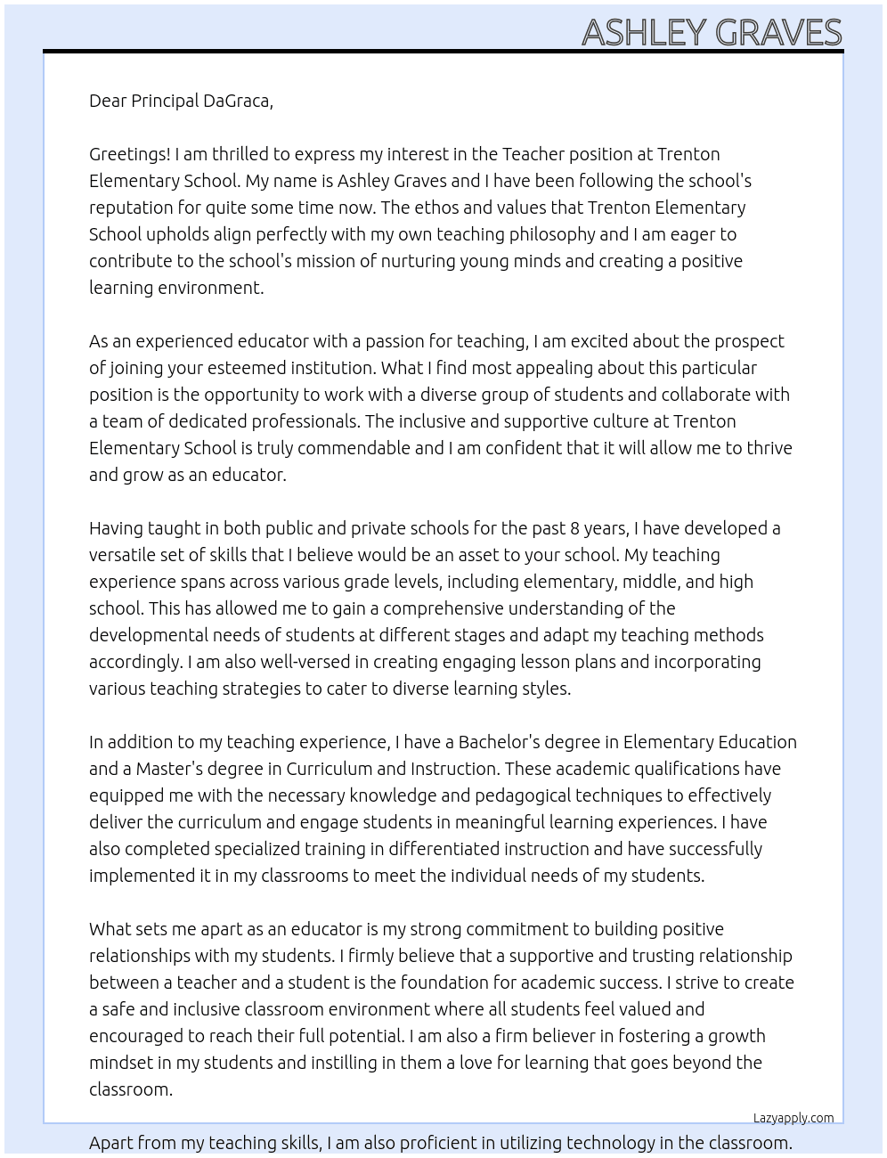 Teacher At Trenton Elementary School Cover Letter