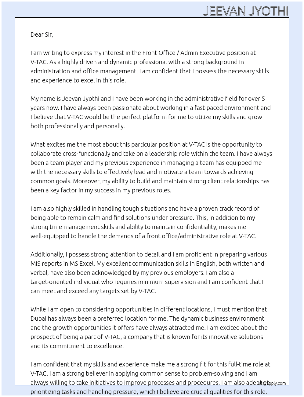 Front Office / Admin Executive At V-TAC Cover Letter