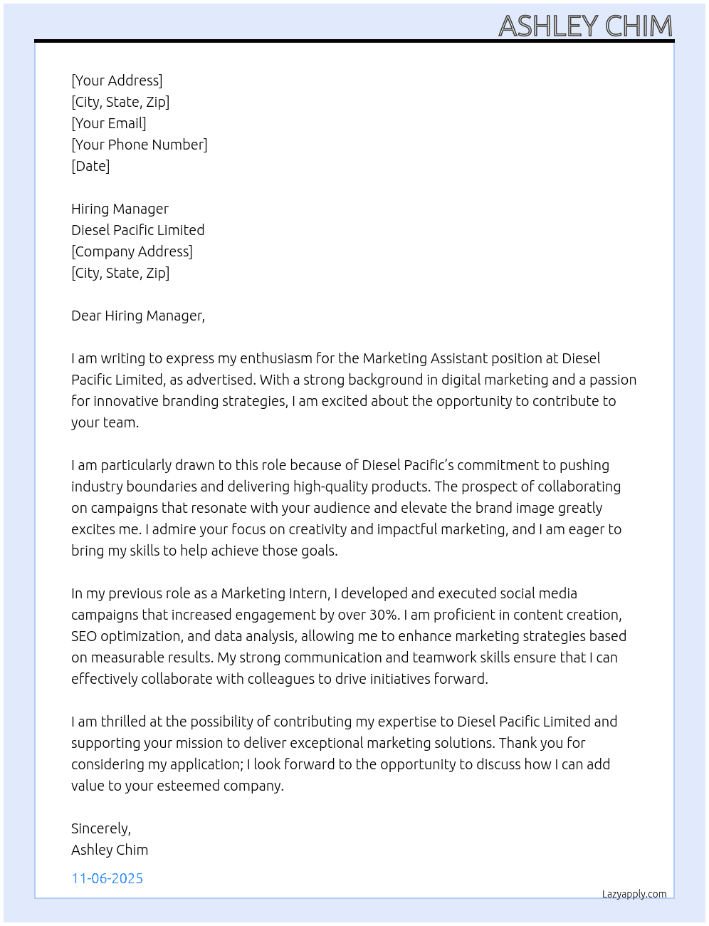 Marketing Assistant At Diesel Pacific Limited Cover Letter