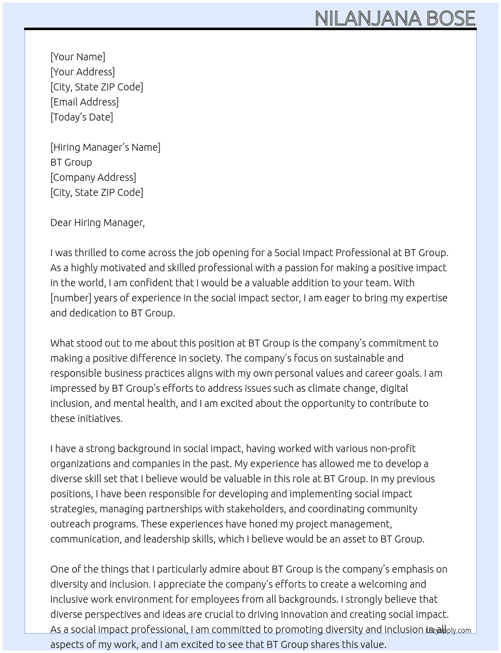 Social Impact Professional At BT Group Cover Letter