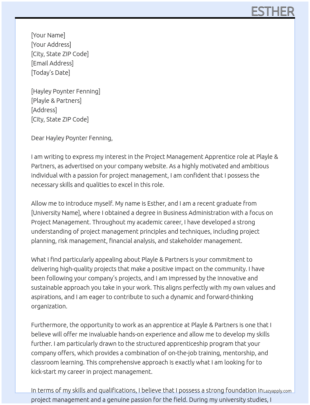 Project Management  At Playle & Partners Cover Letter