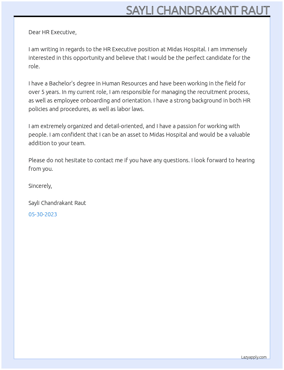 hr executive At midas hospital Cover Letter