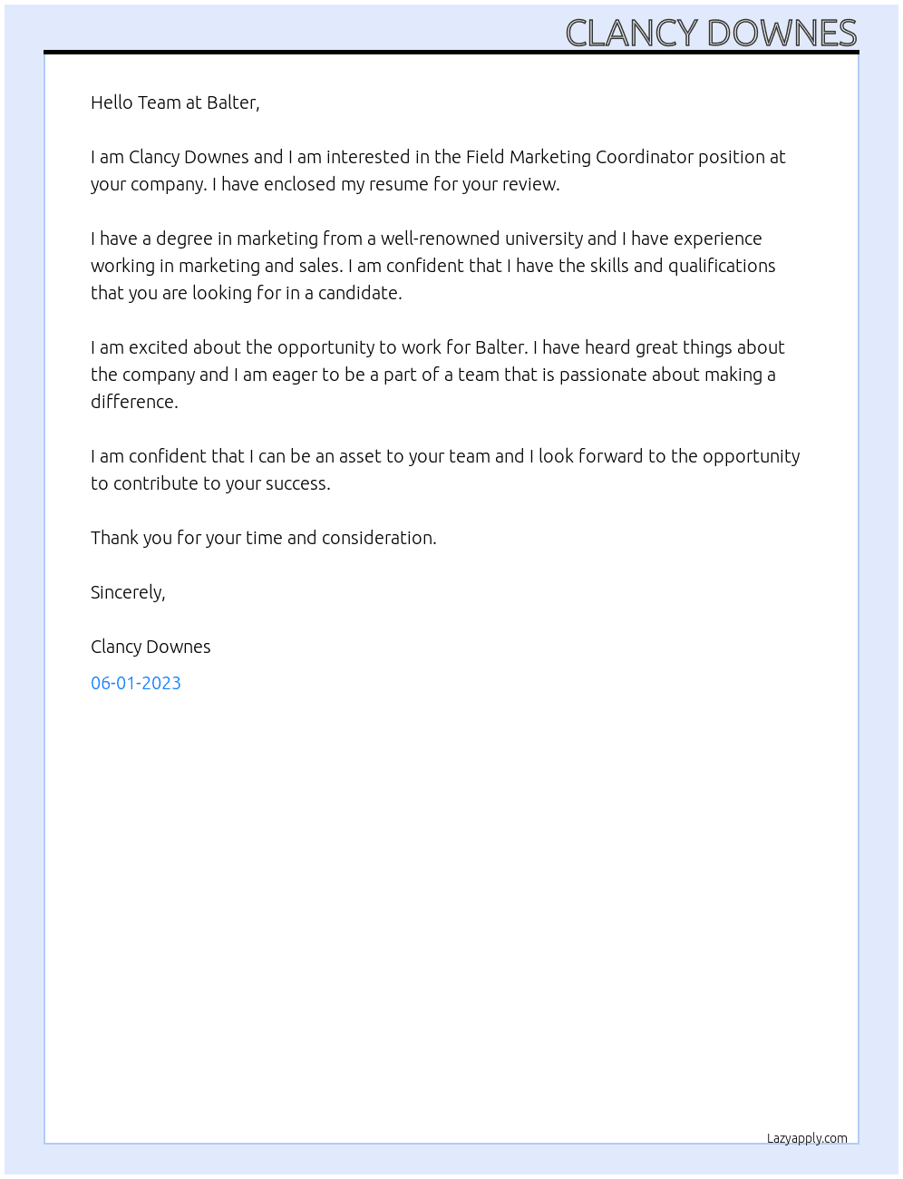 Field Marketing Coordinator At Balter Cover Letter