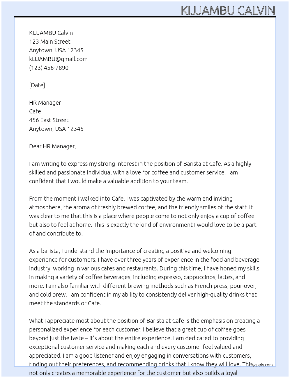 Barista  At cafe Cover Letter