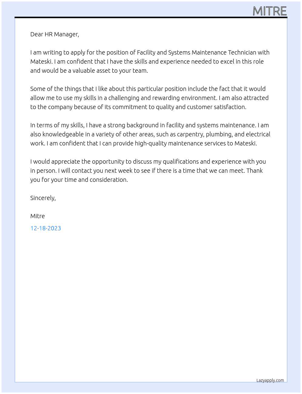 Facility and Systems Maintenance Technician At Mateski Cover Letter