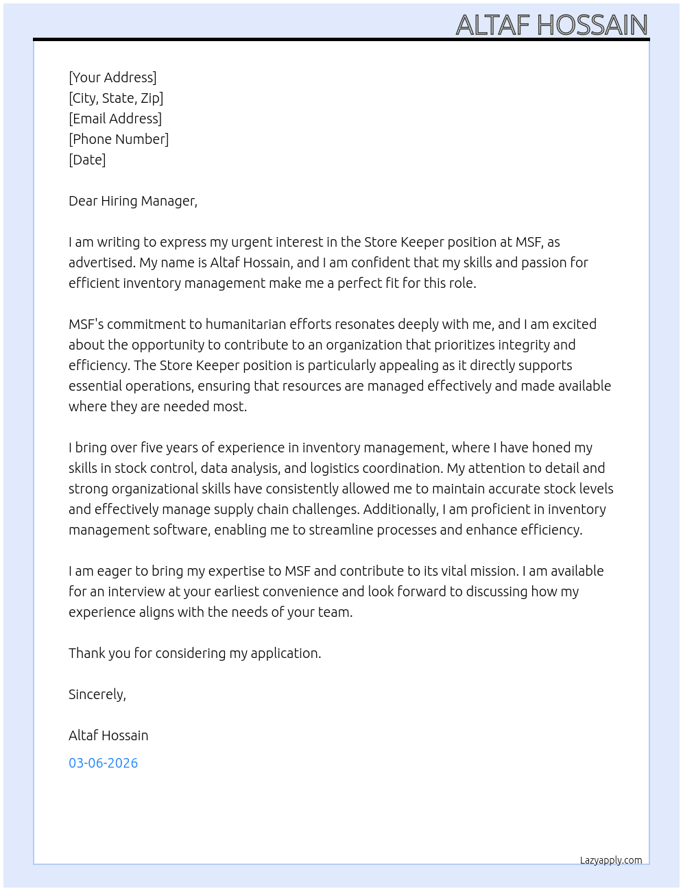 store keeper At Msf Cover Letter