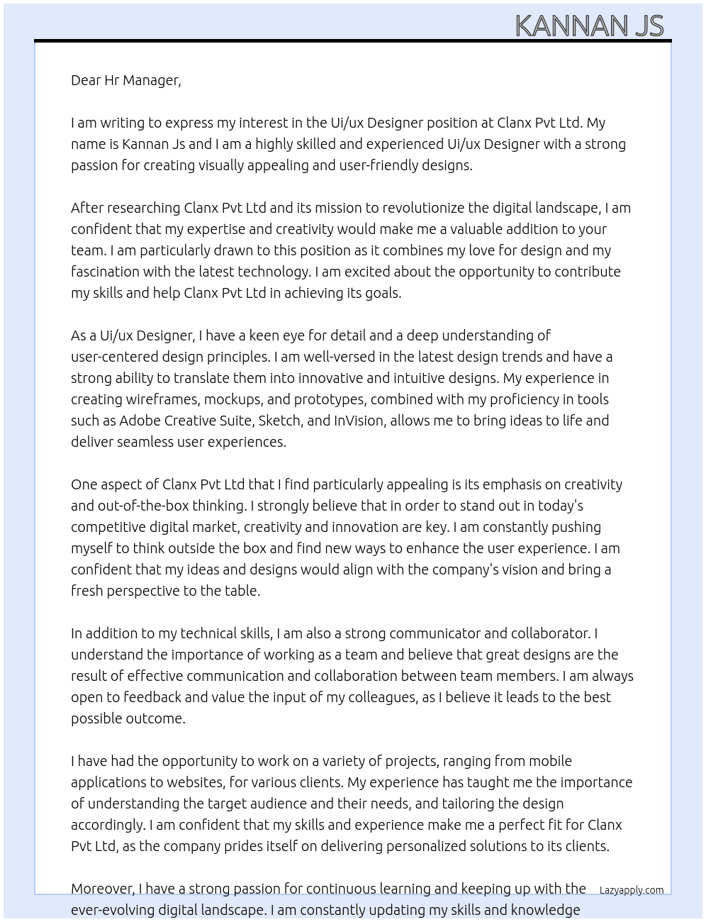 Ui/ux designer  At Clanx Pvt Ltd  Cover Letter