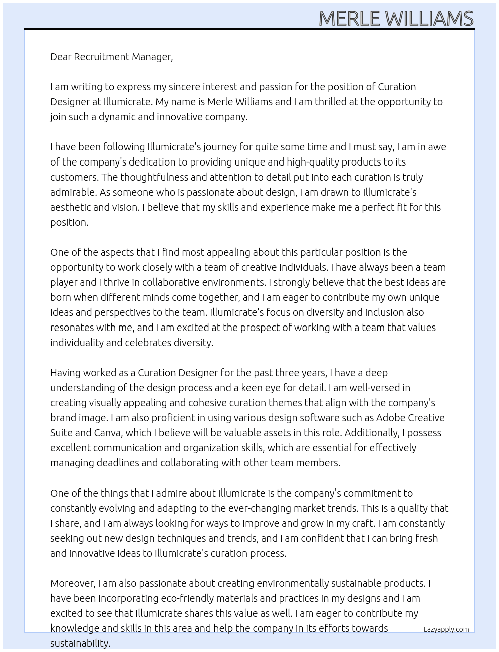 Curation Designer At Illumicrate Cover Letter