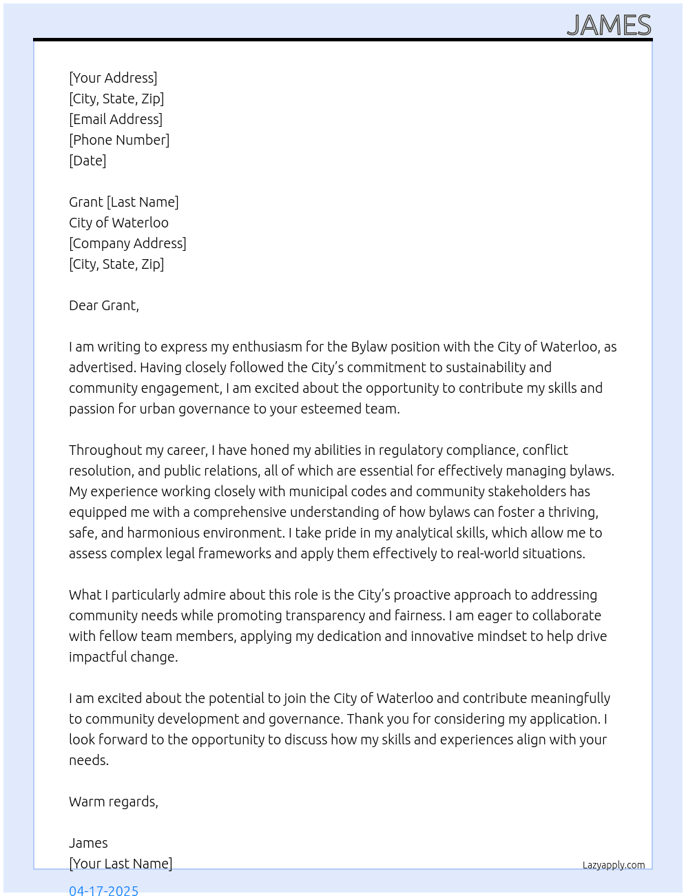 bylaw At City of Waterloo Cover Letter