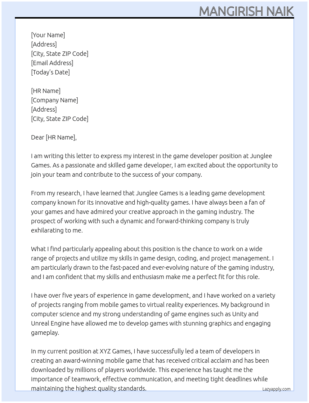 Game Developer At Junglee Games Cover Letter