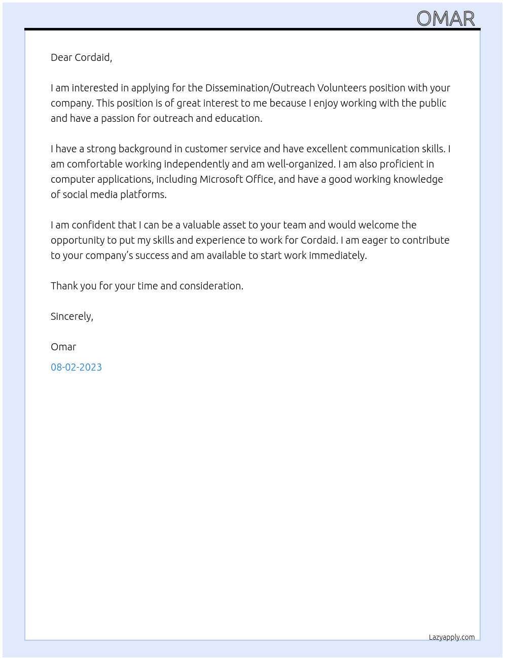 Dissemination/Outreach Volunteers At Cordaid Cover Letter