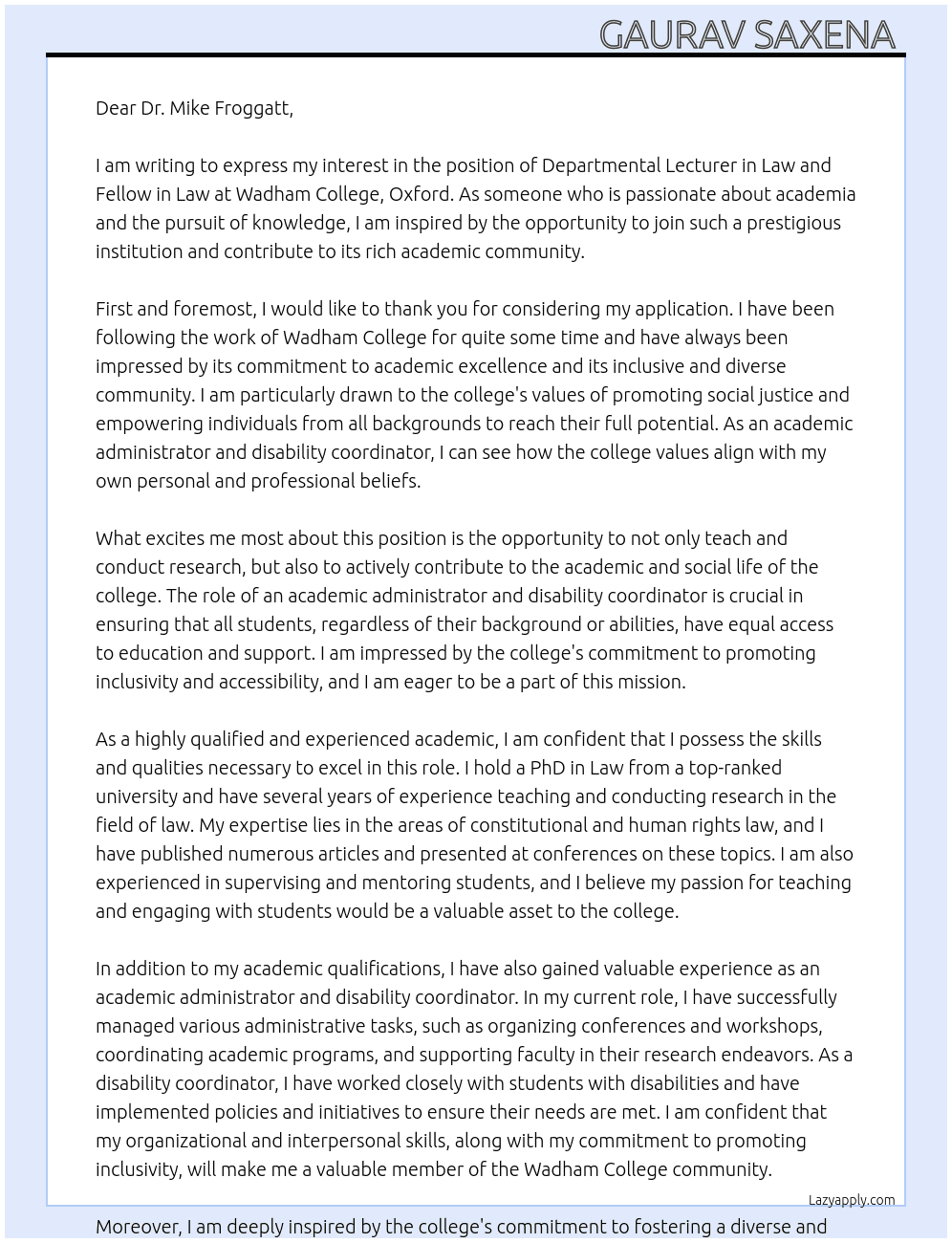 Departmental Lecturer in Law and Fellow in Law  At Wadham college Oxford Cover Letter