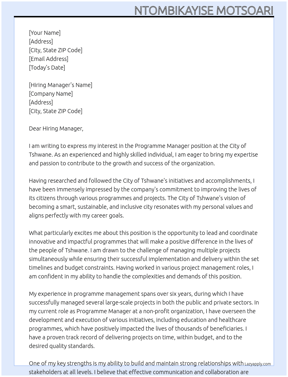 Programme Manager At City of Tshwane Cover Letter