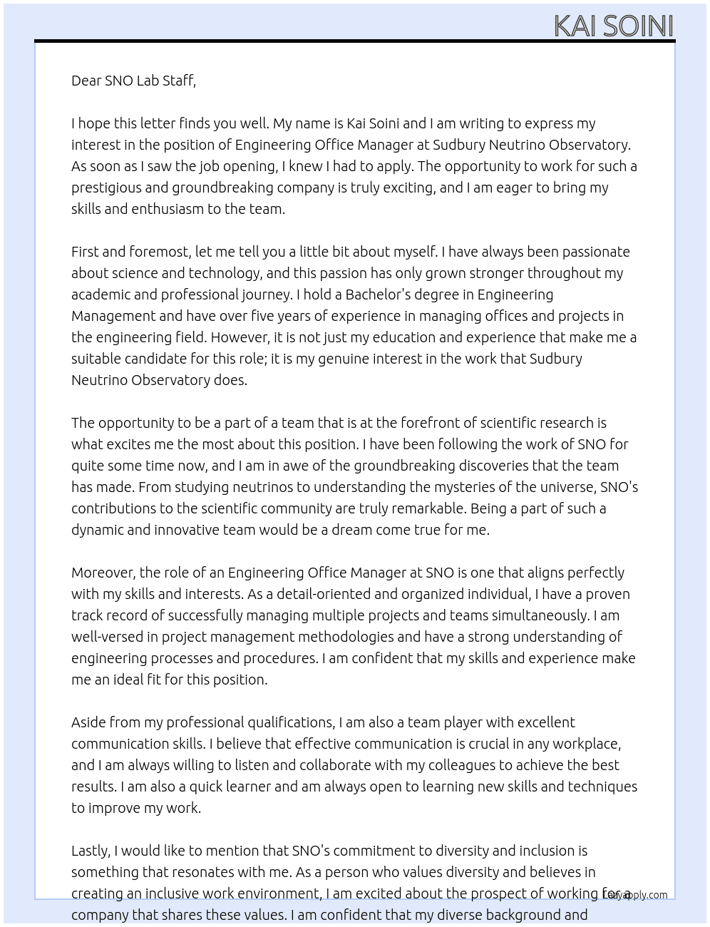 Engineering Office Manager At Sudbury Neutrino Observatory Cover Letter