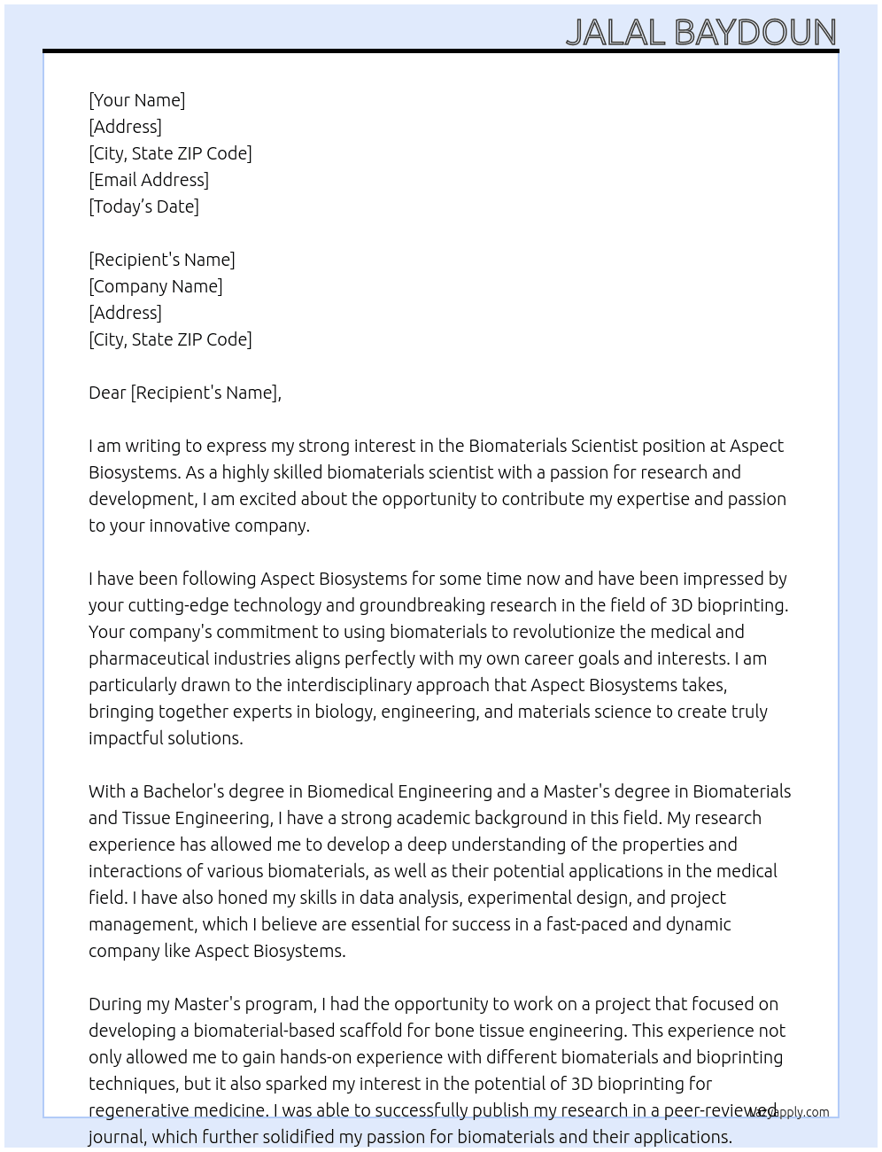 Biomaterials Scientist At Aspect Biosystems Cover Letter