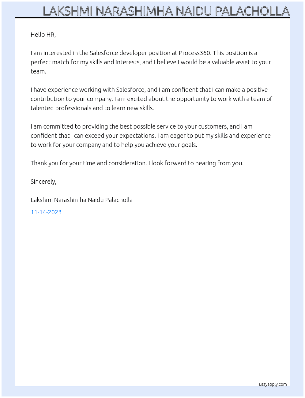 Salesforce developer At Process360 Cover Letter