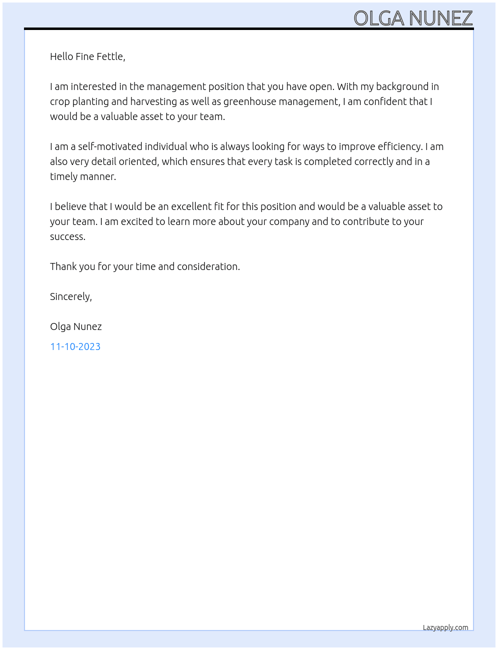 Management  At Fine Fettle  Cover Letter