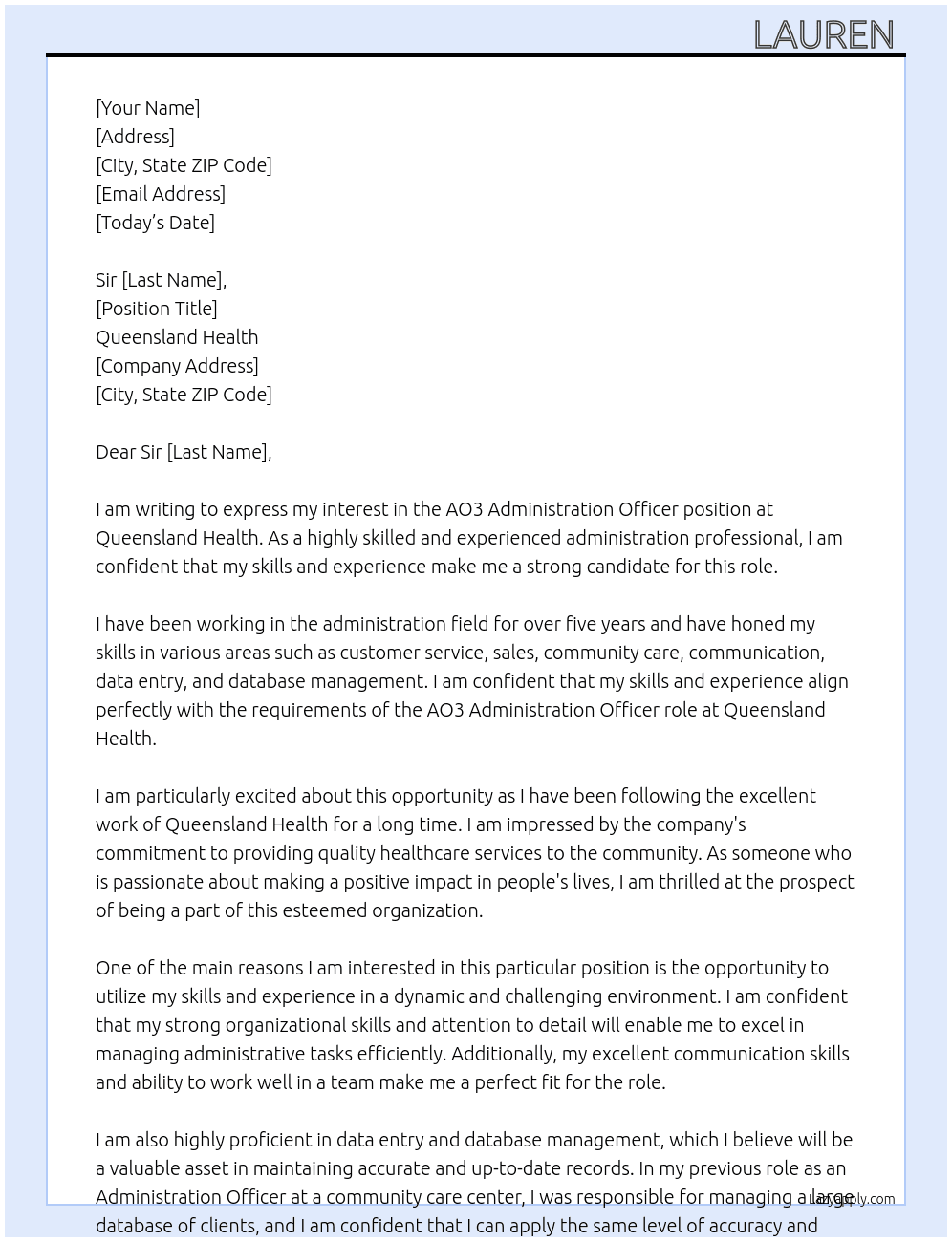 AO3 Administration officer  At Queensland Health  Cover Letter