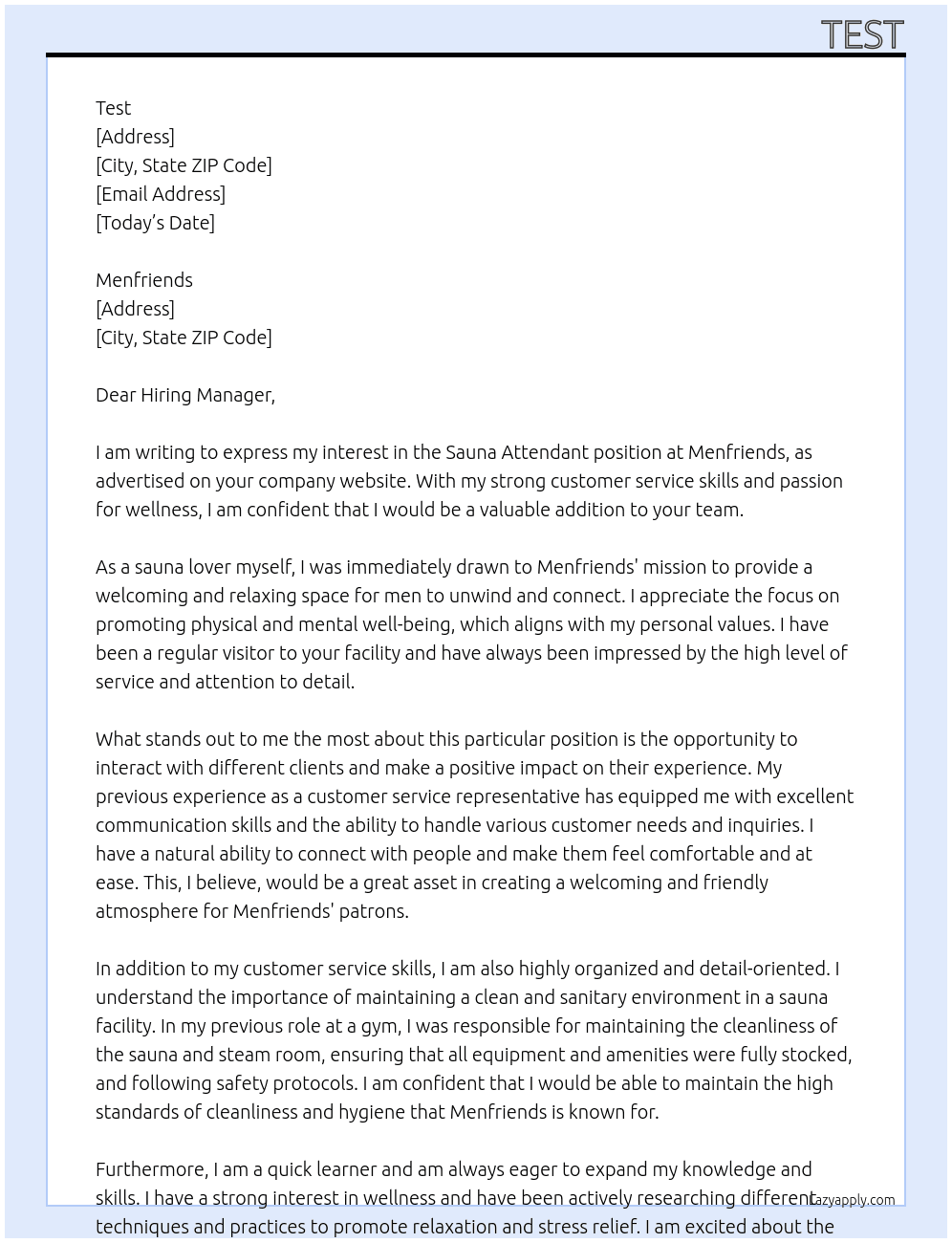 Sauna Attendant At Menfriends Cover Letter